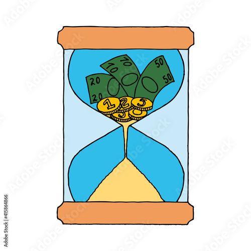 Hourglass, in the middle of the clock money turns to sand. The concept of wasting money. The concept of money for nothing.
