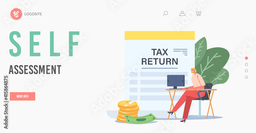 Self Assesstment, Tax Return Landing Page Template. Tiny Businesswoman Sitting at Desk with Computer near Huge Document