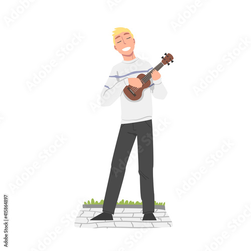 Cheerful Male Street Musician Character Playing Ukulele, Live Performance Cartoon Style Vector Illustration
