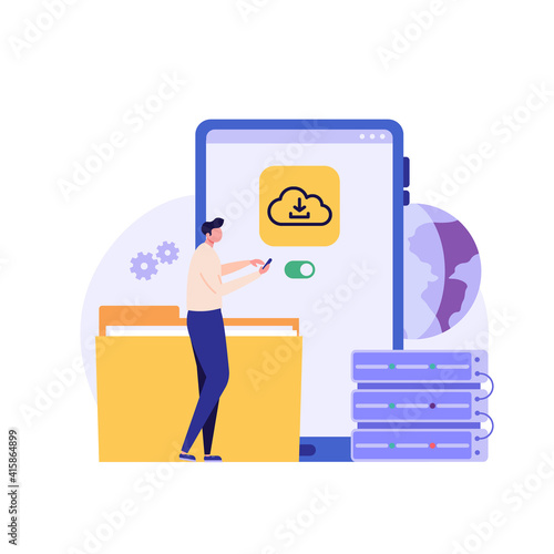 Cloud technology. People storing data on cloud server. Concept of cloud computing, online database, web hosting, web data center.  Vector illustration for web banner, infographics, mobile app