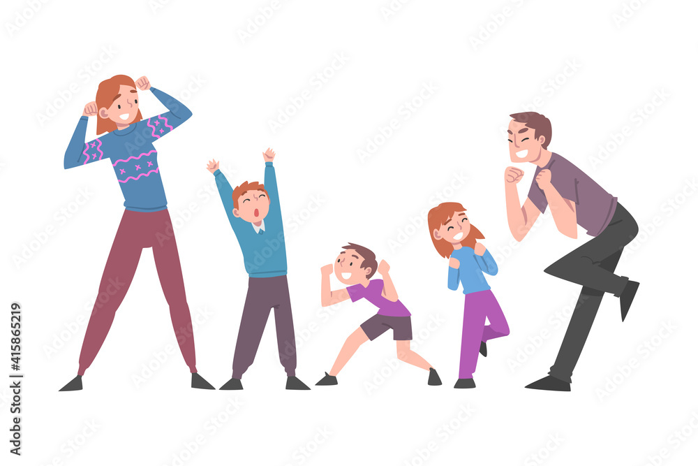 Naklejka premium Excited Mom, Dad and Kids Celebrating Victory, Expressing Succes and Positive Emotions Cartoon Vector Illustration