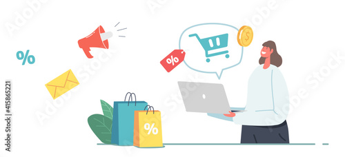 Marketplace, Purchase in One Click, Online Shopping Concept. Female Customer Character with Bags Purchasing via Laptop