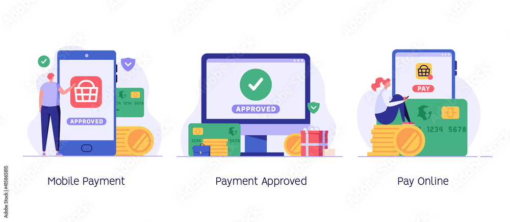 People paying successfully and safely. Online mobile payment and banking service. Concept of payment approved, payment done. Vector illustration in flat design for web banner and mobile app People paying successfully and safely. Online mobile payment and banking service. Concept of payment approved, payment done. Vector illustration in flat design for web banner and mobile app