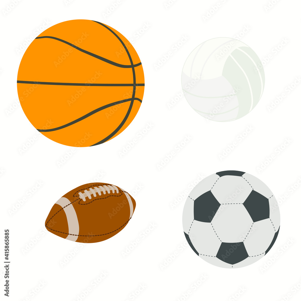 Set of balls for playing games vector illustration. Round icons of sports equipment isolated on white background. Leather oval rugby gear. volleyball, football, basketball, american football Set of balls for playing games vector illustration. Round icons of sports equipment isolated on white background. Leather oval rugby gear. volleyball, football, basketball, american football