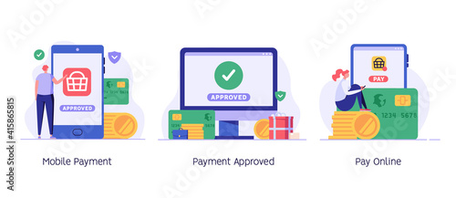 People paying successfully and safely. Online mobile payment and banking service. Concept of payment approved, payment done. Vector illustration in flat design for web banner and mobile app