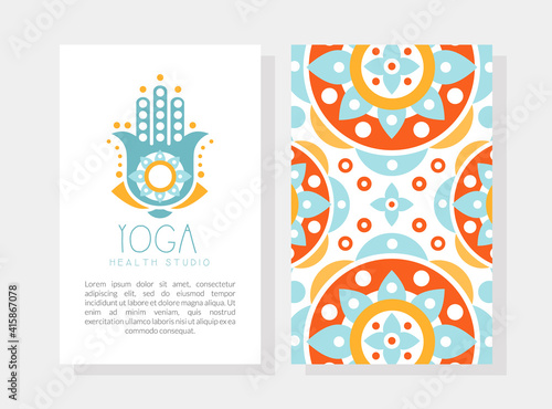Yoga Health Studio Card, Template with Front and Back Side and Etnic Pattern, Spa Center, Traditional Medicine, Meditation and Spiritual Practice Hand Drawn Vector Illustration