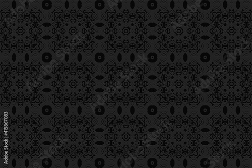 Geometric convex volumetric 3D pattern with artistic relief ornament from ethnic unique elements.
Black background for design and decoration.