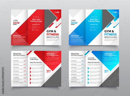 Gym Center trifold brochure template, Fitness tri-fold brochure template, Sports brochure template