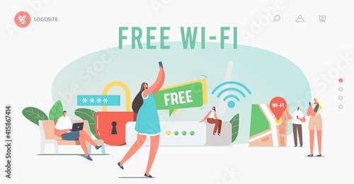 Modern Network Technology, Free Wi-fi Hotspot Landing Page Template. Tiny Characters at Huge Router use Wifi Internet