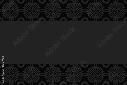 Black background for design and presentations. Horizontal inserts. Geometric convex volumetric 3D pattern with a relief ornament in ethnic style.