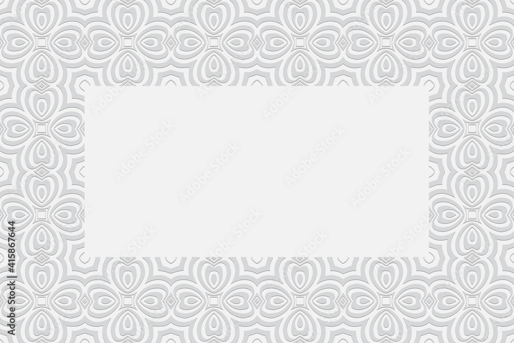 White background for design and decor. Frame for text. Geometric convex volumetric 3D pattern with artistic relief ornament of ethnic unique elements and flowers. White background for design and decor. Frame for text. Geometric convex volumetric 3D pattern with artistic relief ornament of ethnic unique elements and flowers.
