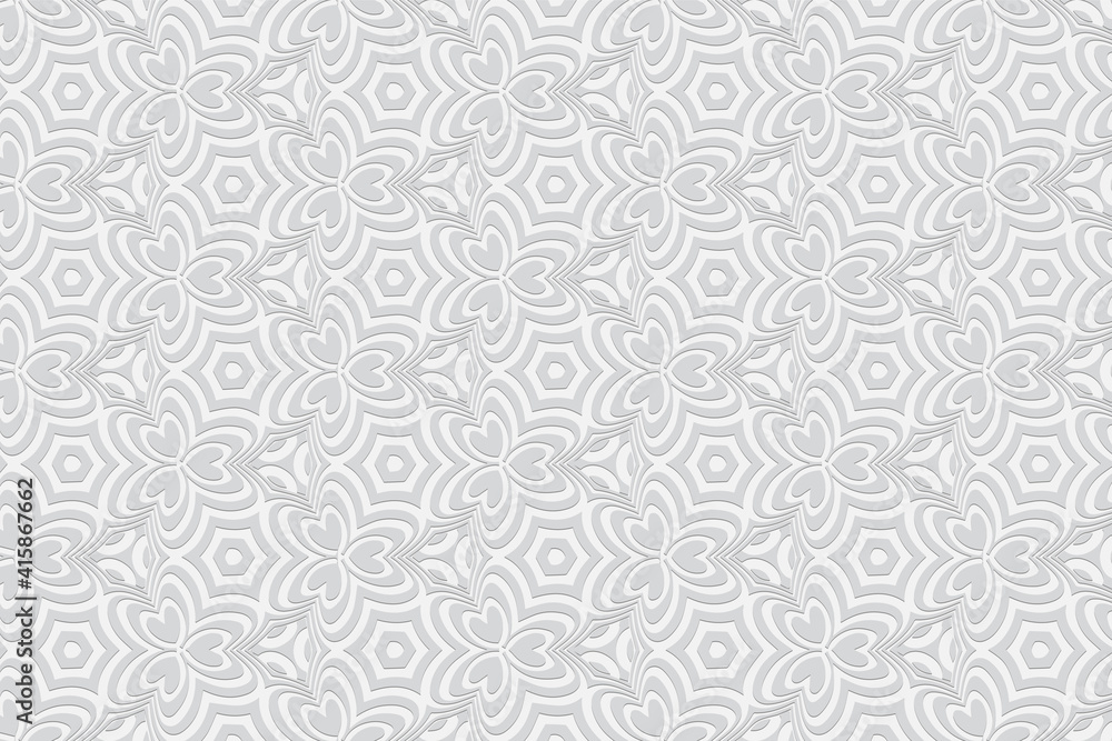 Geometric convex volumetric 3D pattern with a relief ornament of ethnic unique elements in the style of doodling. White background for design and presentations. Geometric convex volumetric 3D pattern with a relief ornament of ethnic unique elements in the style of doodling. White background for design and presentations.