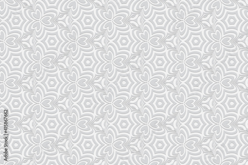 Geometric convex volumetric 3D pattern with a relief ornament of ethnic unique elements in the style of doodling. White background for design and presentations.