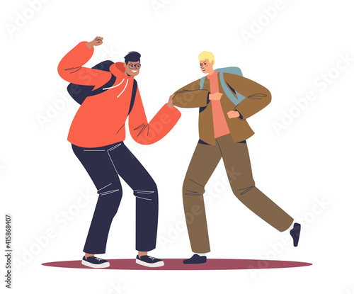Students fight. Two teenage boys fighting. Teen violence and conflicts concept