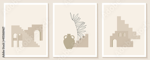 Trendy contemporary set of aesthetic background with geometry architecture, moroccan stairs, walls, arch, arc, vases. Vector posters for wall decor in vintage style