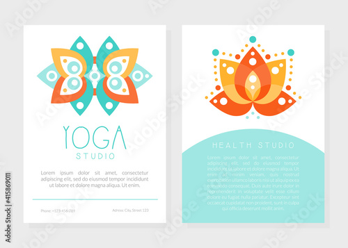 Yoga Studio Business Card Template with Front and Back Side, Spa Center, Traditional Medicine, Meditation and Spiritual Practice Hand Drawn Vector Illustration