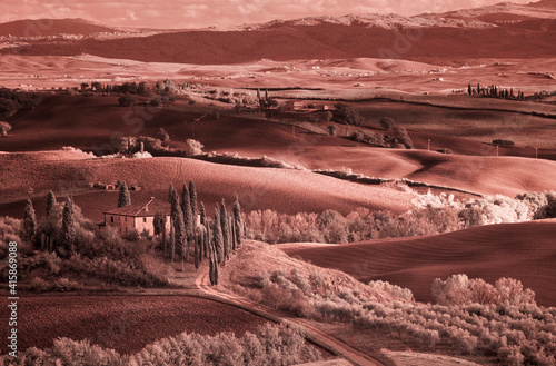 Italy, Tuscany. Infrared image of Belvedere House with road leading to the farm.