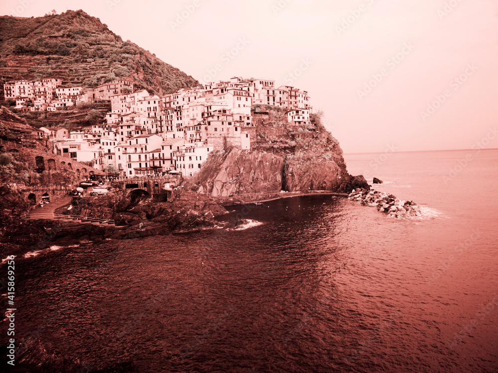Italy, Manarola. Infrared image of the town.