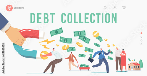 Debt Collection Landing Page Template. Huge Hand with Magnet Attracting Money from Escaping Characters