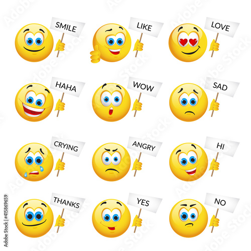 Set of Yellow emoticons and emojis. Vector illustration in realistic style