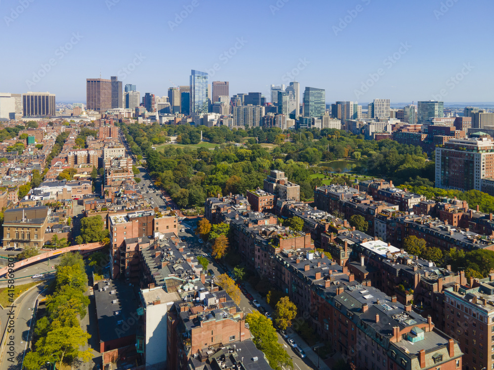 Historic Boston Beacon Hill and Public Garden aerial view, Boston, Massachusetts MA, USA.