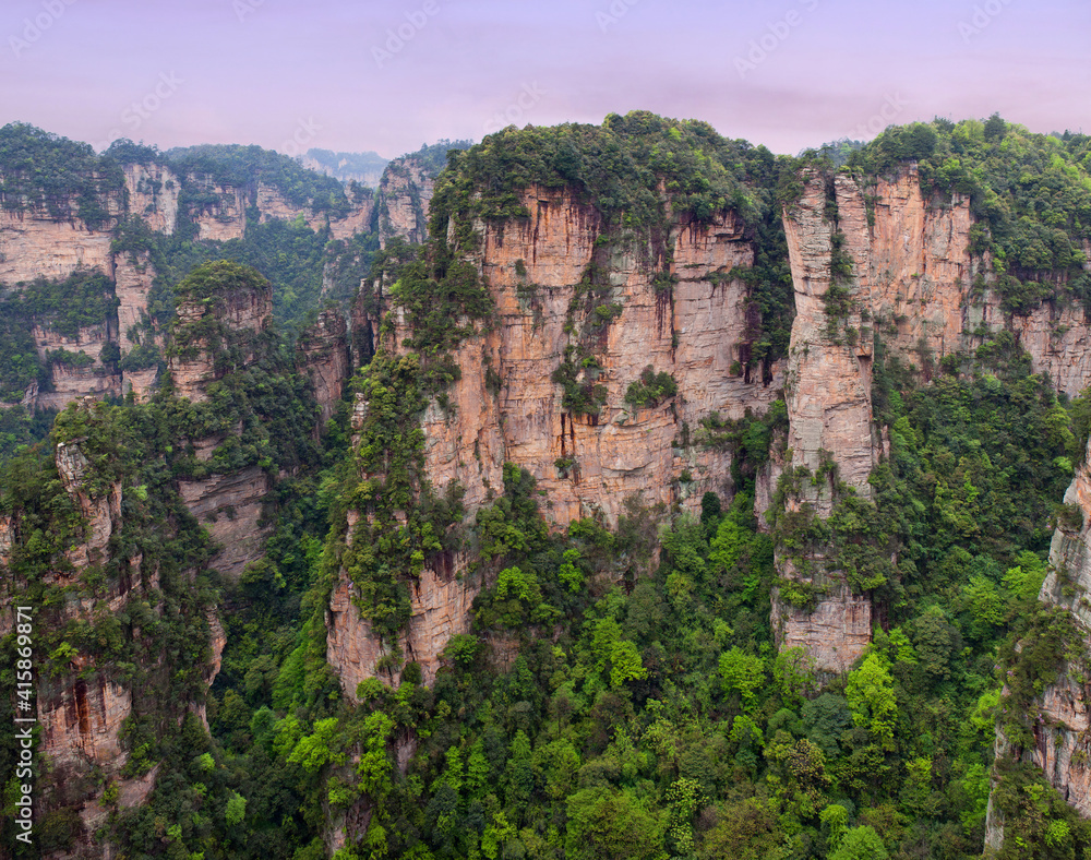 Panoramic aerial mountain view in Zhangjiajie National Forest Park at Wulingyuan Scenic Area, Hunan province of China