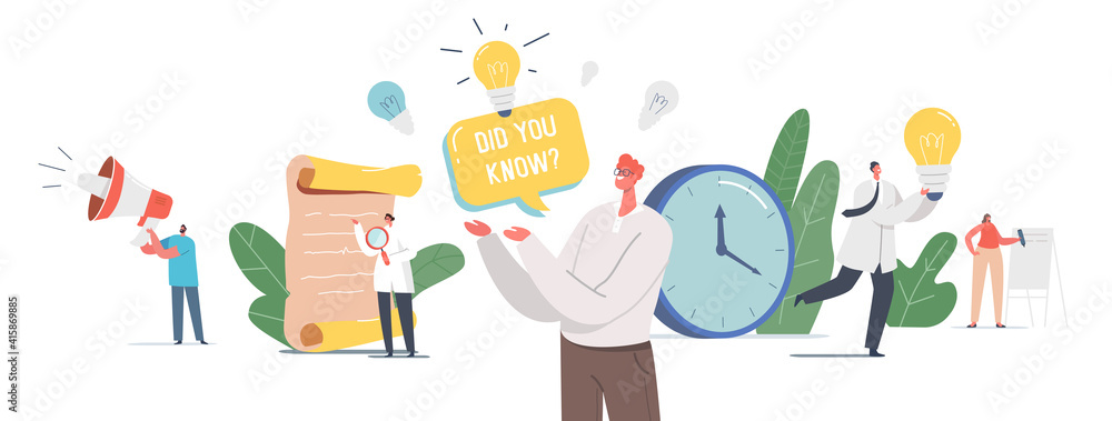 Did You Know Megaphone Announcement. Tiny Characters with Loudspeaker and Light Bulb Explain Interesting Facts Did You Know Megaphone Announcement. Tiny Characters with Loudspeaker and Light Bulb Explain Interesting Facts