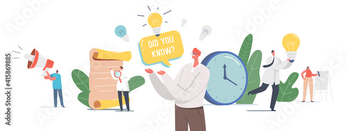 Did You Know Megaphone Announcement. Tiny Characters with Loudspeaker and Light Bulb Explain Interesting Facts
