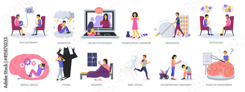 Set of Psychotherapy and Psychology concepts on white background