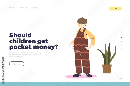 Pocket money for children concept of landing page with small boy showing empty pockets