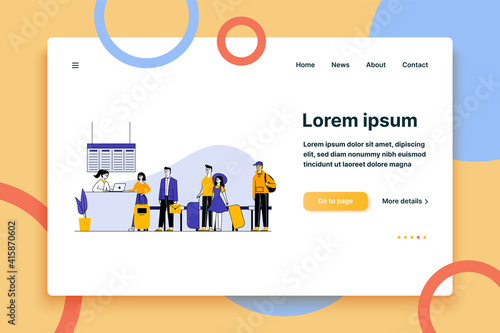 Travelers in airport waiting in queue for check vector illustration. People standing in line in airport departure area. Gate agent checking people before boarding. Airline transportation service.