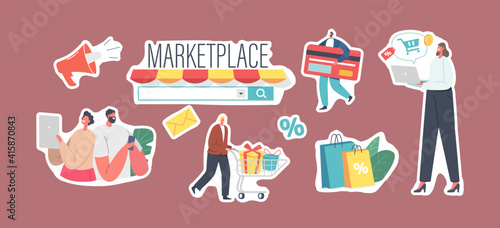 Set of Stickers Marketplace Retail Business Theme, Online Shopping, Digital Shop App or Pc Browser. Buyers Purchasing