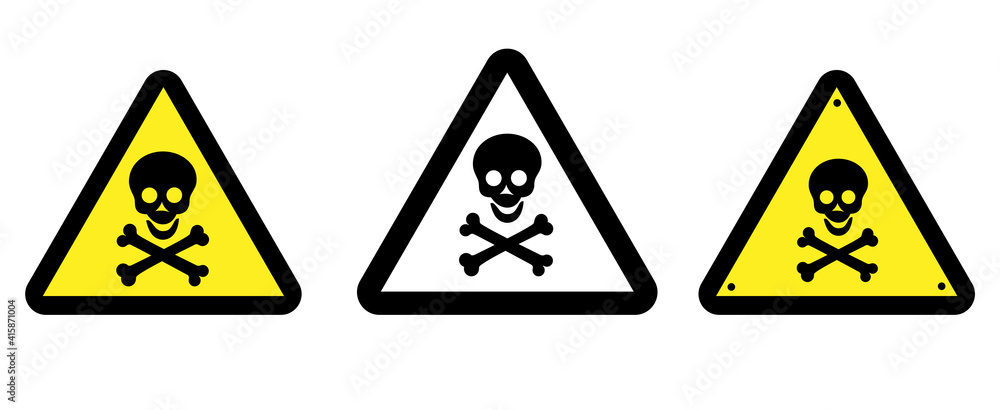 Danger attention sign. Warning. Human skull and bones on a triangular background, illustration. Danger attention sign. Warning. Human skull and bones on a triangular background, illustration.