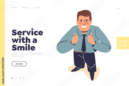 Service with smile concept of landing page with happy businessman looking up and showing thumb up