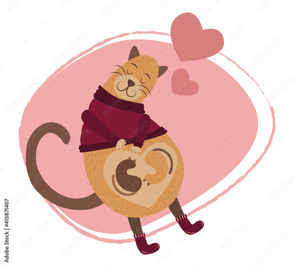 Nice cats family. Cat mommy with a kitten. Pregnant cat. Twins inside mother. Motherhood design