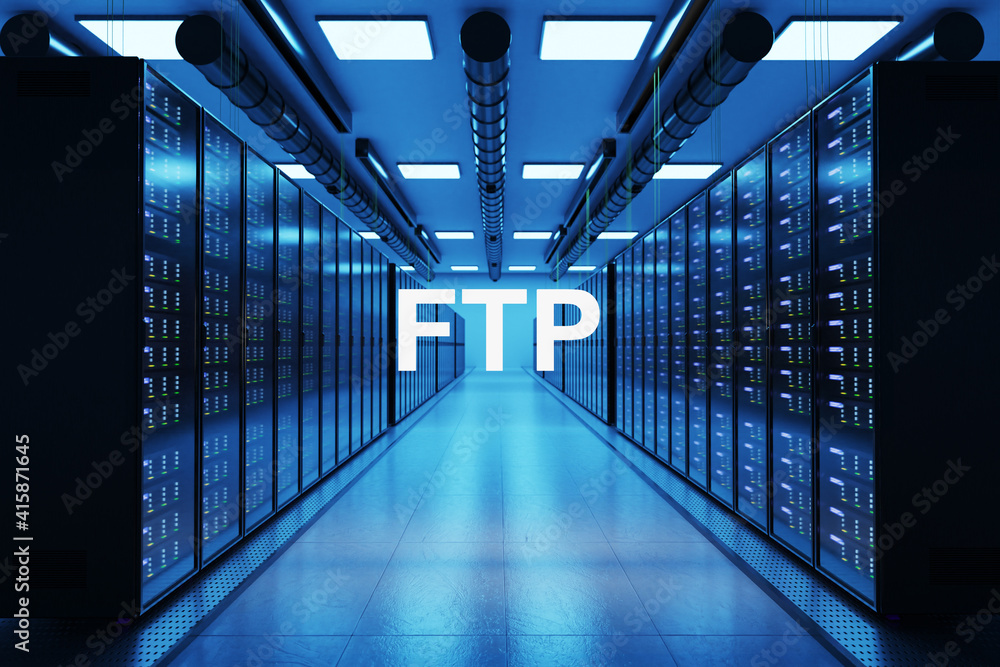 Fototapeta premium ftp logo in large modern data center with multiple rows of network internet server racks, 3D Illustration