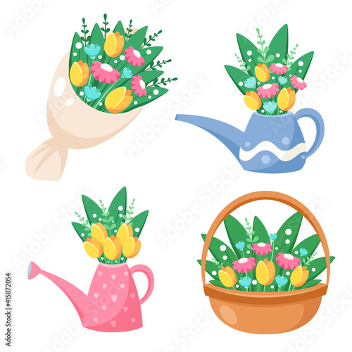 Bouquet of flowers, watering can with flowers, basket with flowers. Spring time. Vector illustration