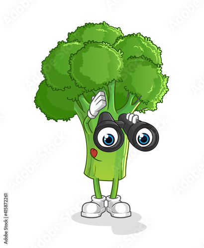 broccoli with binoculars character. cartoon mascot vector