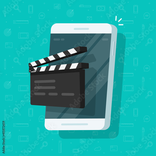 Movie or film creation via mobile cell phone icon flat cartoon, creating video or multimedia content idea via cellphone, smartphone with clapperboard clacker slate on screen