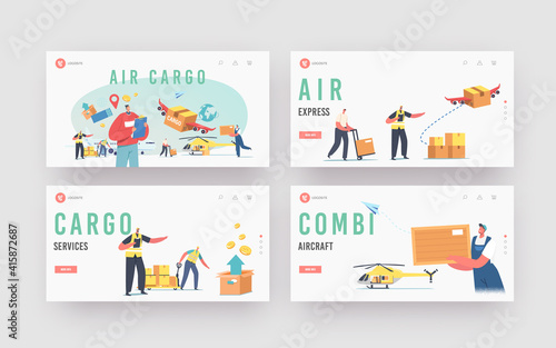 Air Cargo Transportation, Aircraft Logistics Landing Page Template Set. Delivering Goods by Airplane, Helicopter