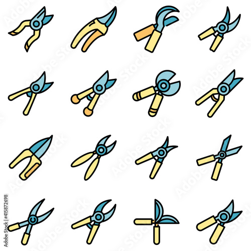 Secateurs icons set. Outline set of secateurs vector icons thin line color flat on white