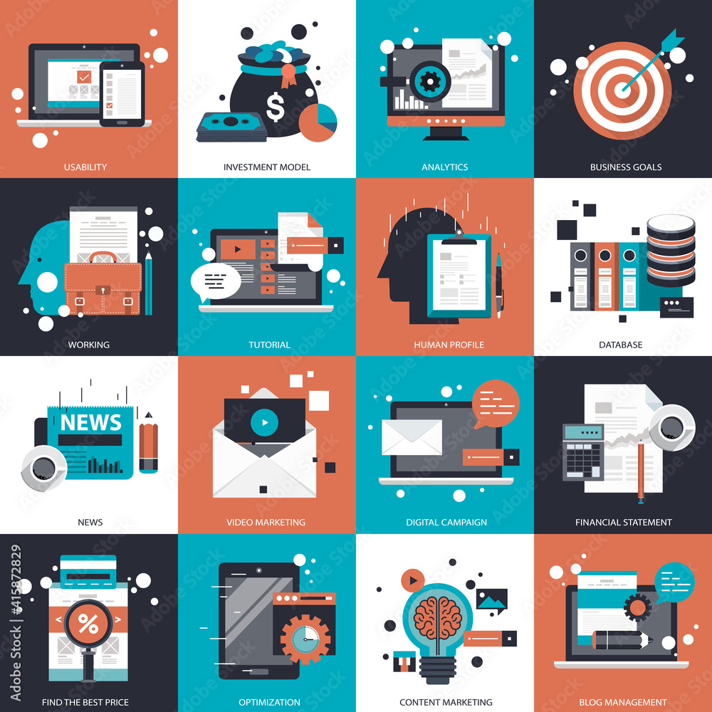 Business, technology and management icon set for websites and mobile applications. Flat vector illustration Business, technology and management icon set for websites and mobile applications. Flat vector illustration