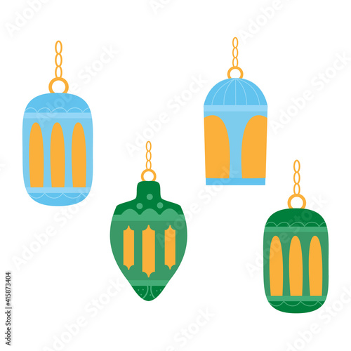 Four diffirent lantern. East traditional lamps. Vector flat illustration, isolated on white