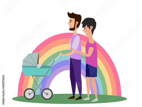 Gay couple walking with a baby in a stroller. Lgbt concept. LGBT community sign in the background. Flat vector illustration.