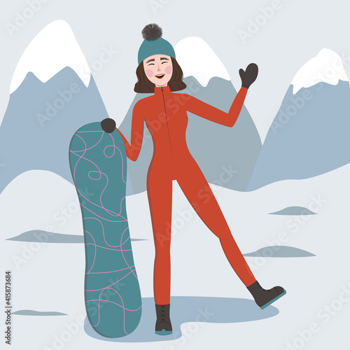 A girl with a snowboard stands against the background of snowy mountains. Winter vector illustration.