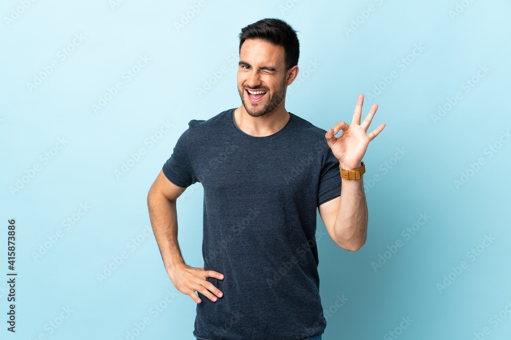 Fototapeta premium Young handsome man over isolated background showing ok sign with fingers