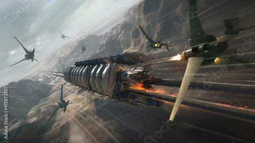 Cuadro en lienzo Fictional illustration of a transport vehicle under attack.