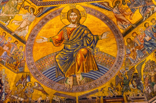 Jesus Christ and angels mosaic, Florence Baptistery, Florence, Italy. Baptistery created 1100's, mosaics by Jacobus 1200's.