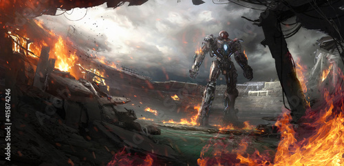 Fictional illustration of a giant robot stands in a destroyed stadium.