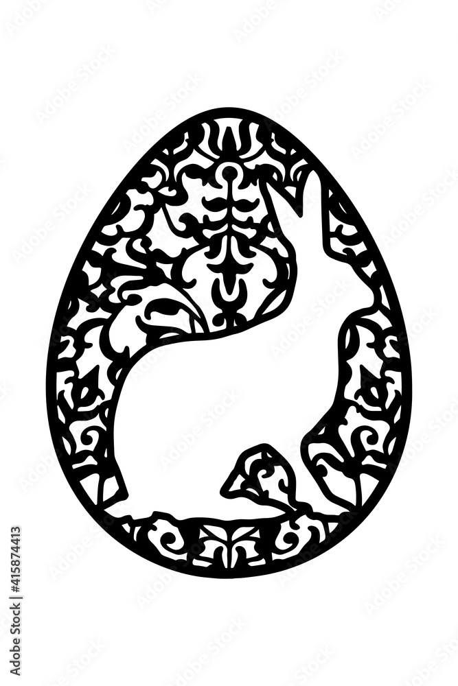 Egg silhouette with ornament and rabbit. Basis graphics for paper, wood and other material cut Egg silhouette with ornament and rabbit. Basis graphics for paper, wood and other material cut